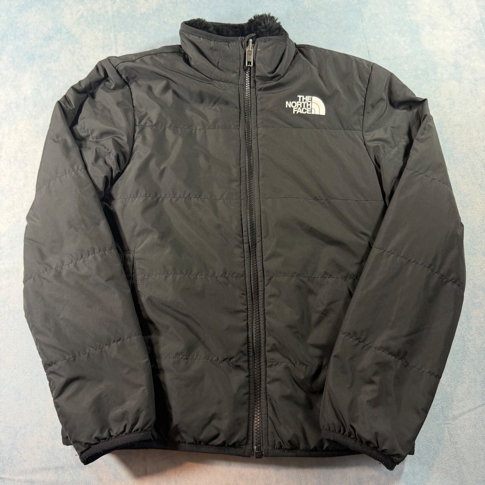 The North Face Reversible Jacket Girls L 12 Black Exc Mossbud Fleece Puffer